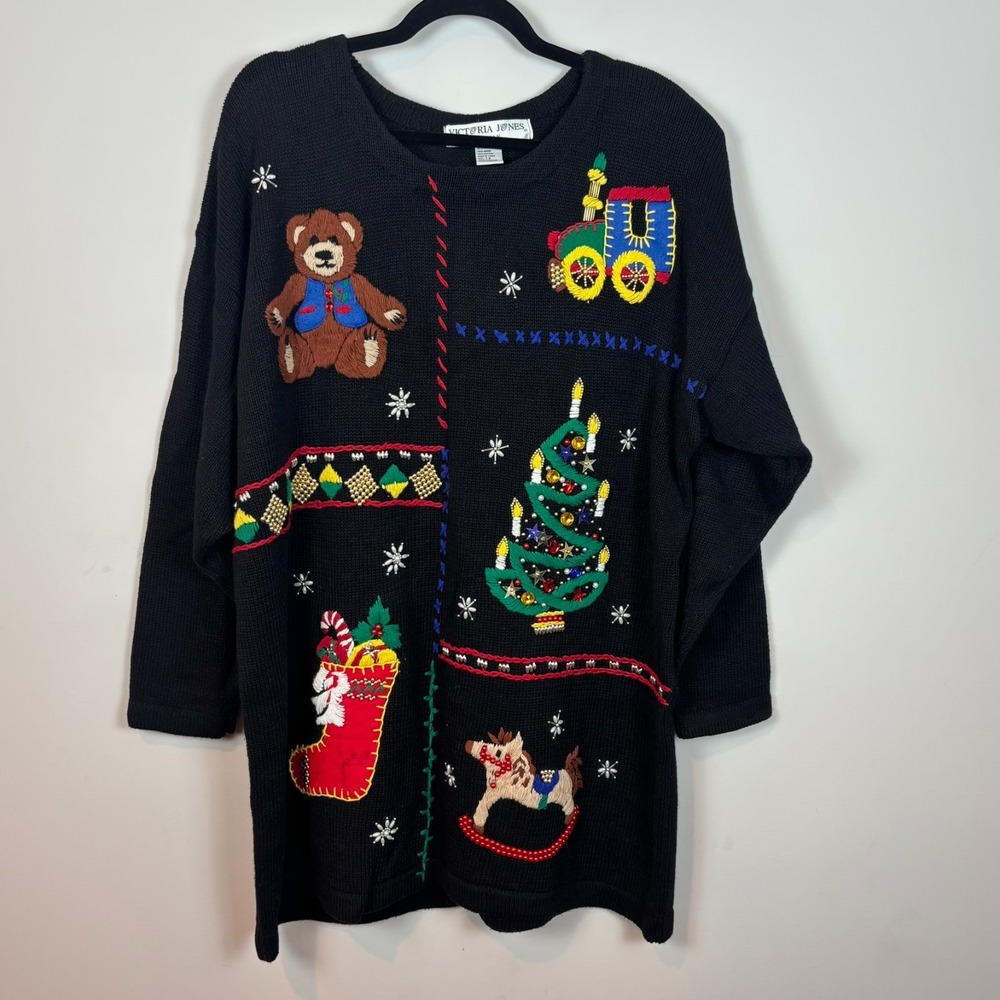Vintage Victoria Jones‎ Sweater Womens 1X Black Christmas Embroidered Bear Horse
